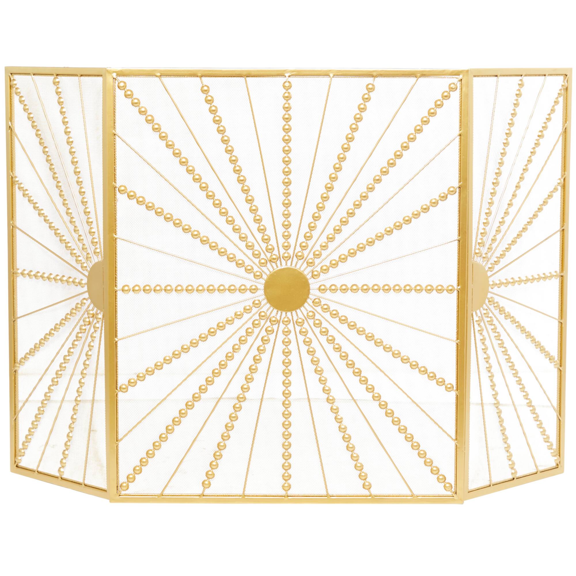 Gold Metal Foldable 3-Panel Starburst Fireplace Screen with Bead Inspired Rays